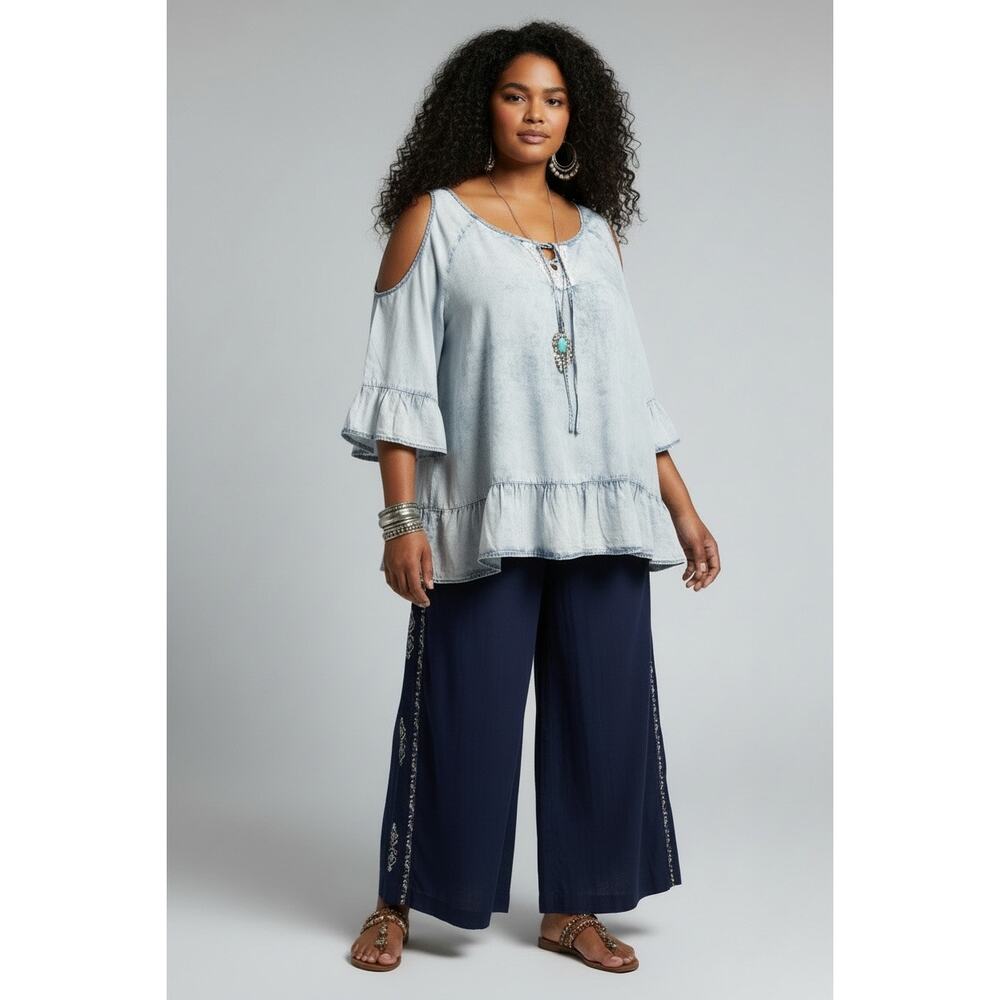 Signature Studio Plus Size Boho Cold Shoulder Tunic Blouse Ruffle Tie Neck 1X